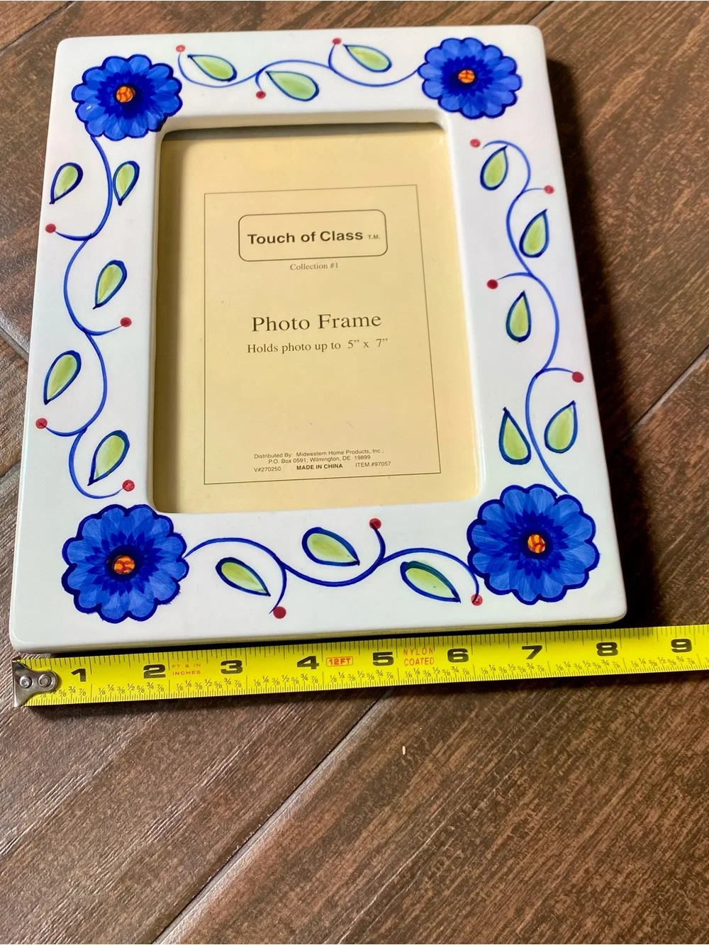 White Ceramic Photo Frame with Blue Floral Design